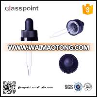 Black PP 20-400 ribbed skirt dropper assembly with rubber bulb and glass pipette